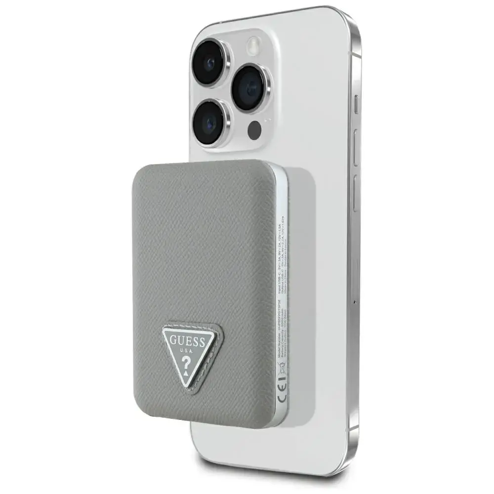 Guess Grained Triangle ārējais akumulators (powerbank) | 5 000 mAh | 15W | USB-C, MagSafe, Wireless | bēšs