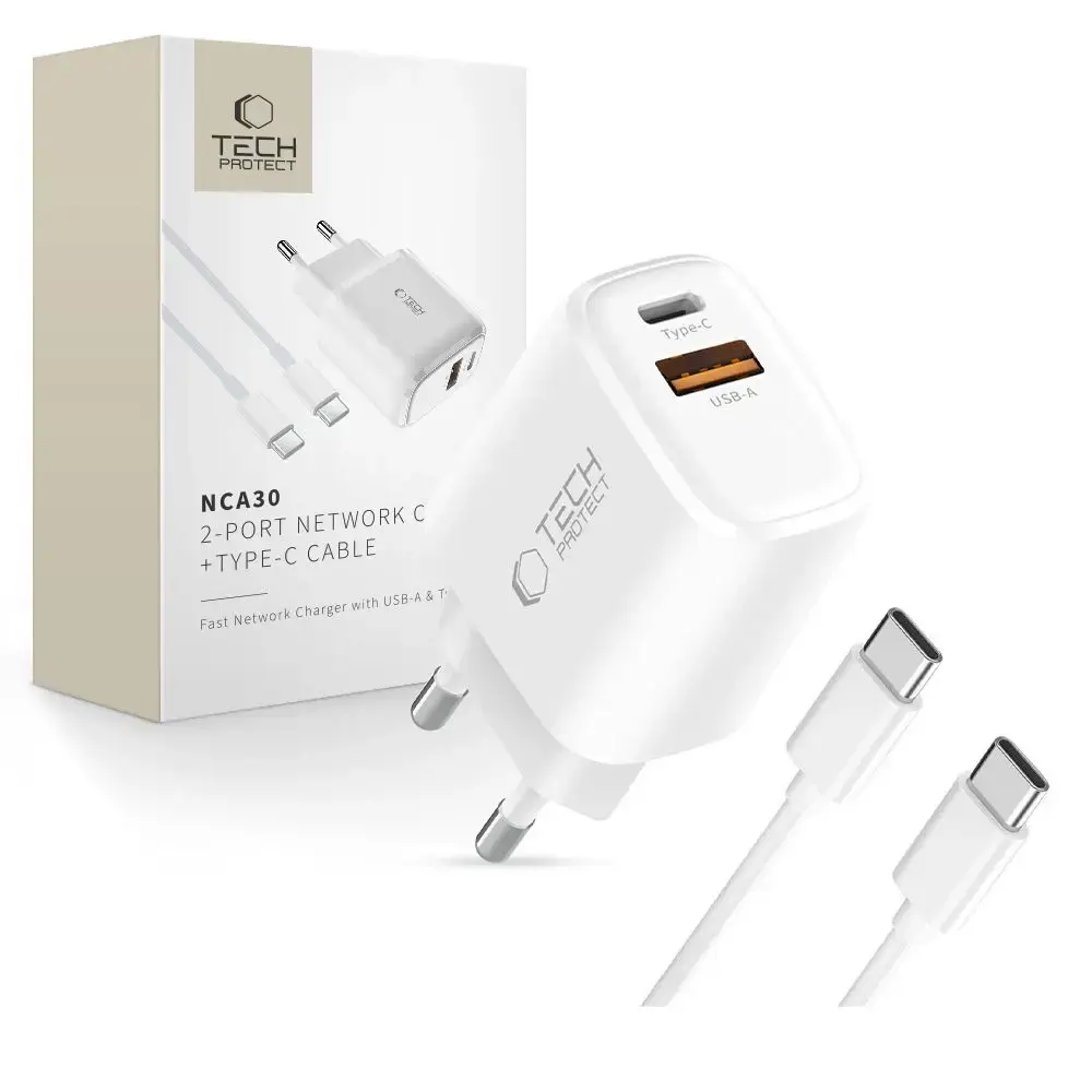 Tech-Protect NCA30 travel charger | 30W | PD, QC | USB-A, USB-C | with USB-C to USB-C cable included | white