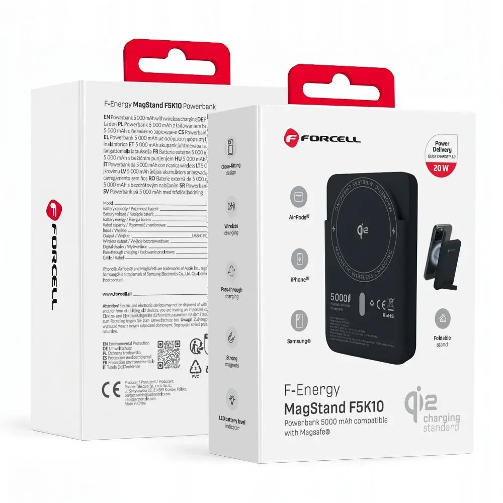 Forcell F-Energy MagStand Qi2 F5K10 ārējais akumulators (powerbank) | 5 000 mAh | 20W | PD, QC | Wireless, MagSafe | melns