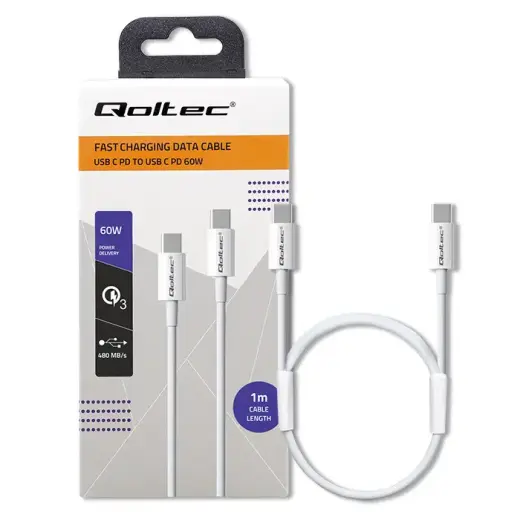 Qoltec datu pārraides un uzlādes vads | USB-C uz USB-C | QC 3.0, PD | 60W | 1m | balts