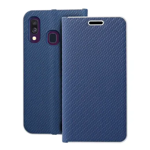 LUNA Book Carbon knyginio tipo telefono dėklas Samsung Galaxy A40 (A405) mėlynas