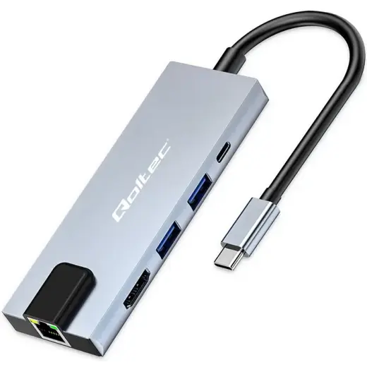 Qoltec 53795 5-in-1 USB šakotuvas | USB-C į USB-C, USB 3.0, USB 2.0, HDMI, RJ45 | 100W