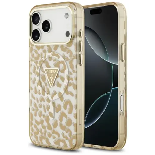 Guess IML Leopard Glitter Triangle Logo maciņš ar MagSafe atbalstu telefonam iPhone 18 Pro Max | iPhone 17 Pro Max brūns