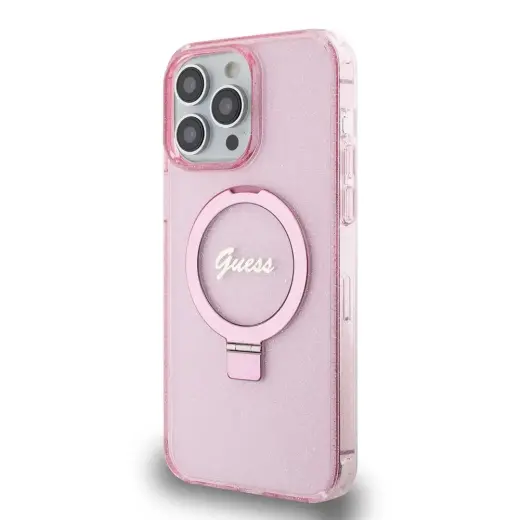 Guess IML Ring Stand Glitter maciņš ar statīvu un MagSafe atbalstu telefonam iPhone 15 Pro Max rozā