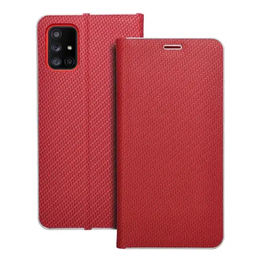 LUNA Book Carbon grāmatveida maciņš telefonam Samsung Galaxy A71 (A715) sarkans