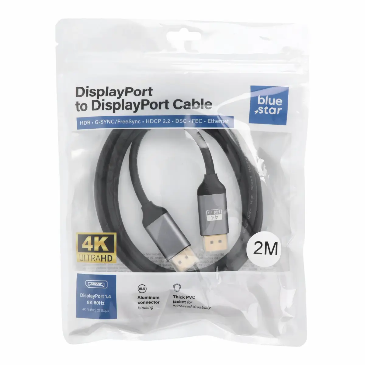 Cable Display Port to Display Port 1.4 Blue Star 4K 120Hz - High Speed, HDR, Ethernet, G-SYNC/FreeSync, 32Gbp, 2 m black