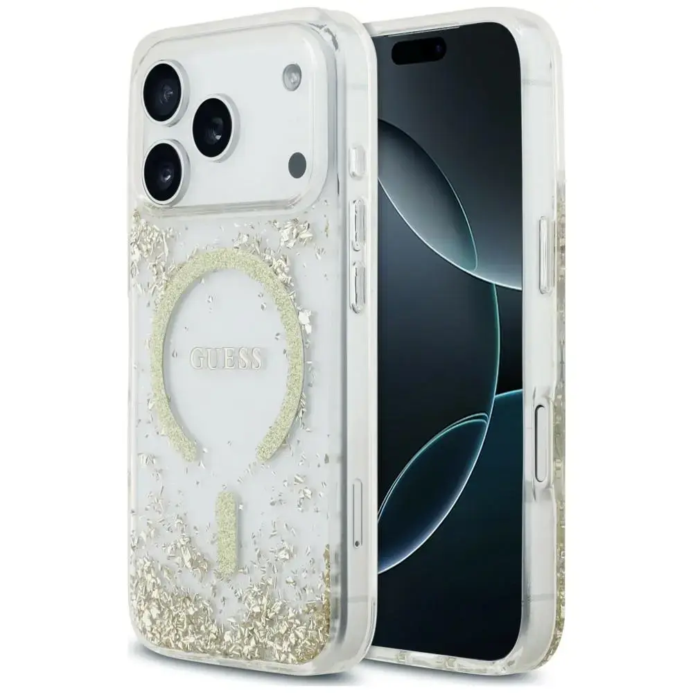 Guess Resin Bottom Glitter phone case with MagSafe support for iPhone 18 Pro | iPhone 17 Pro gold