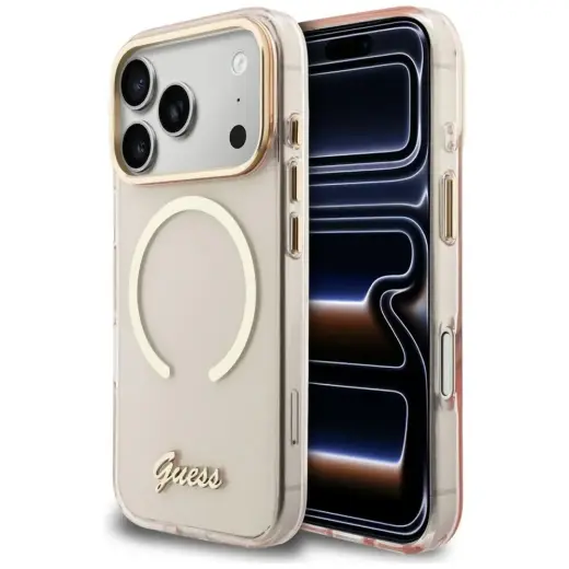 Guess IML Script Metal чехол с поддержкой MagSafe для телефона iPhone 17 Pro Max розовый
