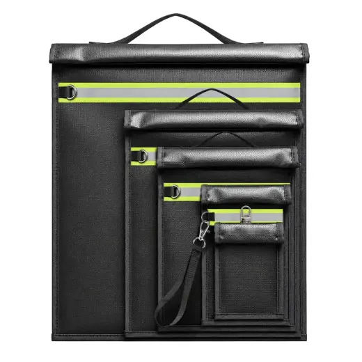 Set of 5 Fireproof RFID Blocking Bags OTN-5R with Handle and Reflector - Black