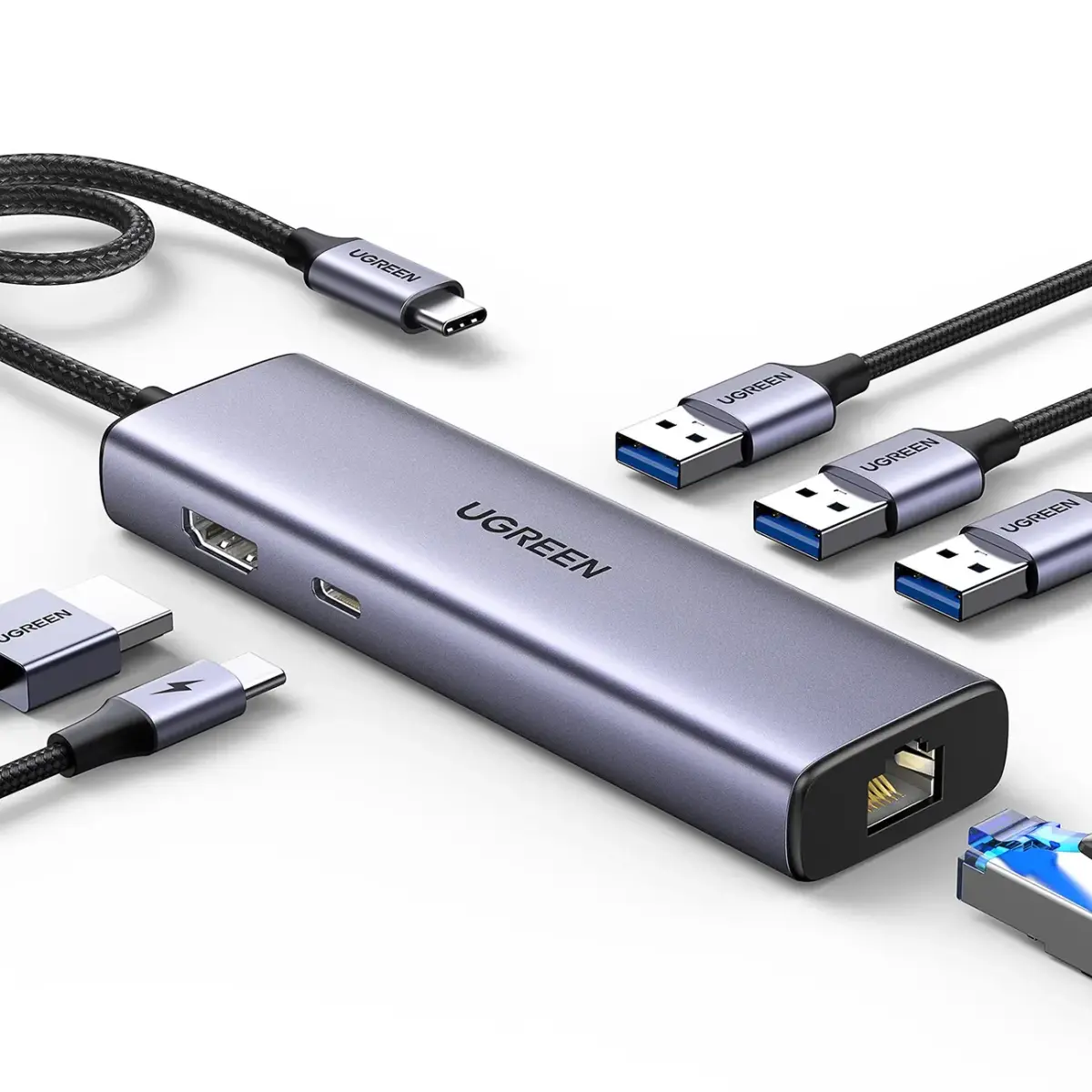 Ugreen CM512 6-in-1 USB šakotuvas | USB-C į 3x USB 3.0, HDMI, RJ45, USB-C | 100W | pilkas