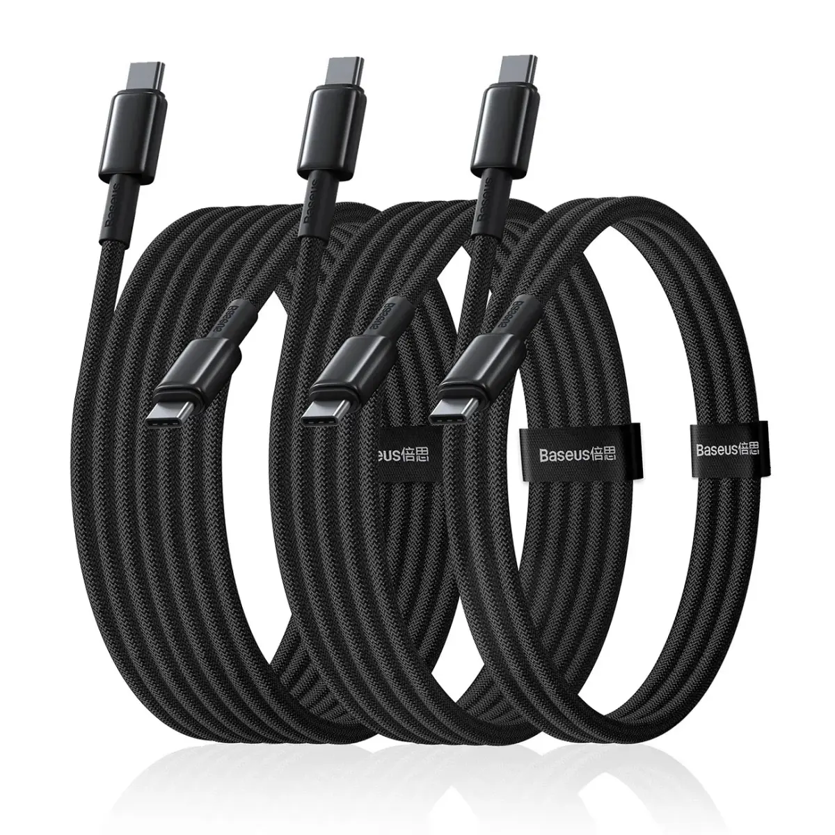 Baseus Tungsten Gold datu pārraides un uzlādes vads | USB-C uz USB-C | 100W | 1m, 2m, 3m | melns | 3 gab. komplekts