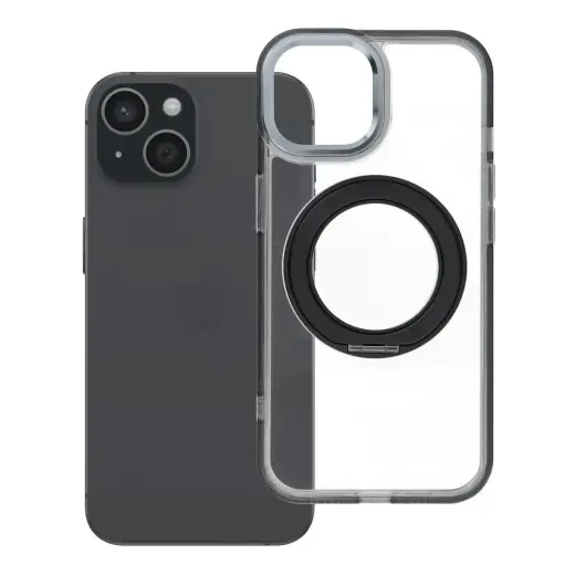 Frame Circle Stand telefono dėklas su stovu ir MagSafe palaikymu iPhone 15 juodas