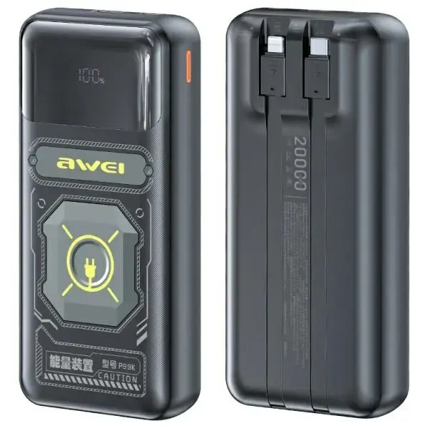 Awei P99K ārējais akumulators (powerbank) | 20000 mAh | 22.5W | USB-C, Lightning, USB-A | melns