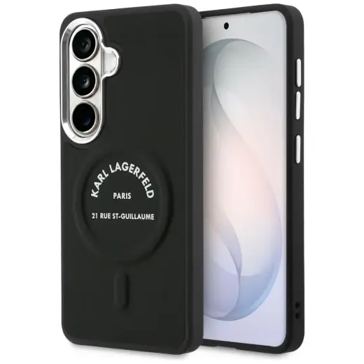 Karl Lagerfeld Embossed RSG Logo telefono dėklas su stovu ir MagSafe palaikymu ir stovu Samsung Galaxy S26 (S942) juodas