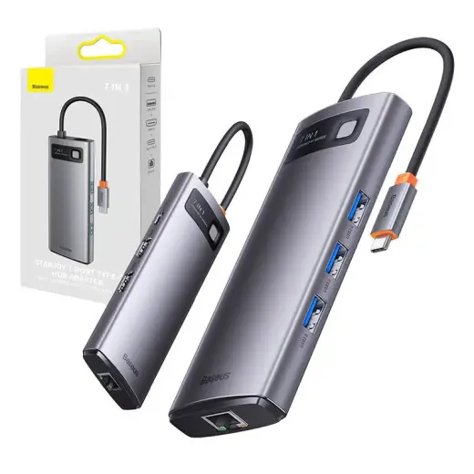 Baseus Metal Gleam 7-in-1 USB centrmezgls | USB-C uz 3x USB 3.0, HDMI, VGA, RJ45, USB-C | 100W