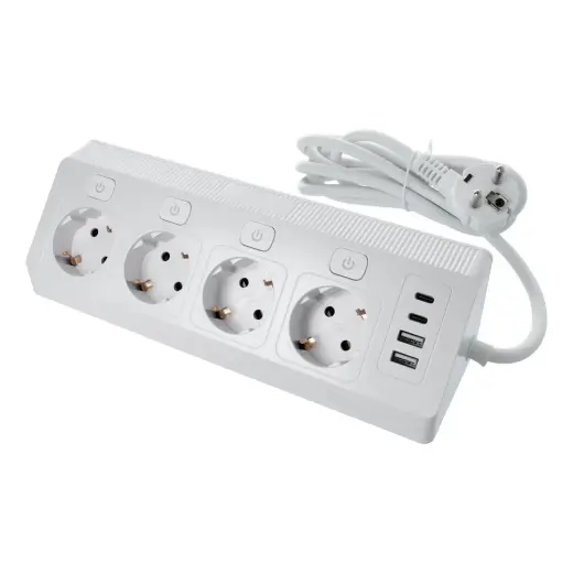 Power strip with 4 sockets max 3680W, 2xUSB A, 2x type C ports with 2m power cable E42 white
