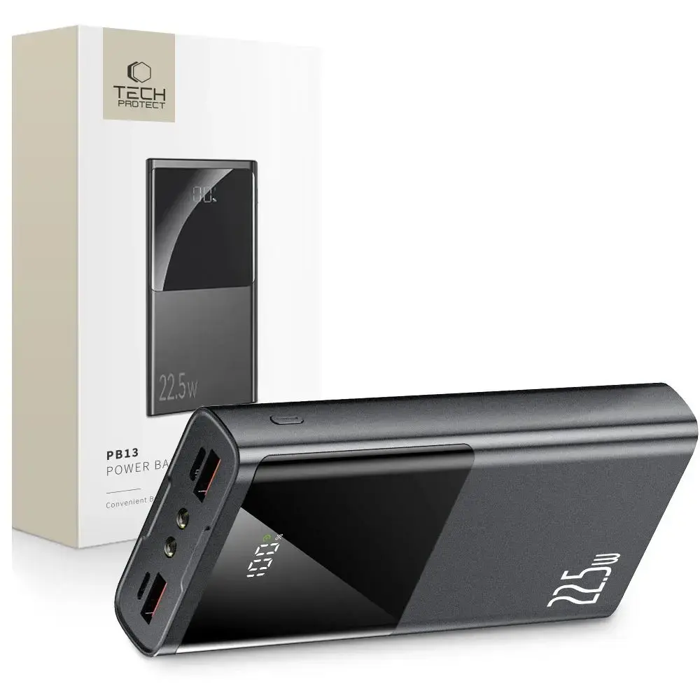 Tech-Protect PB13 external battery (powerbank) | 20000 mAh | 22.5W | USB-A, USB-C, Lightning | LED flashlight, LED display | gray