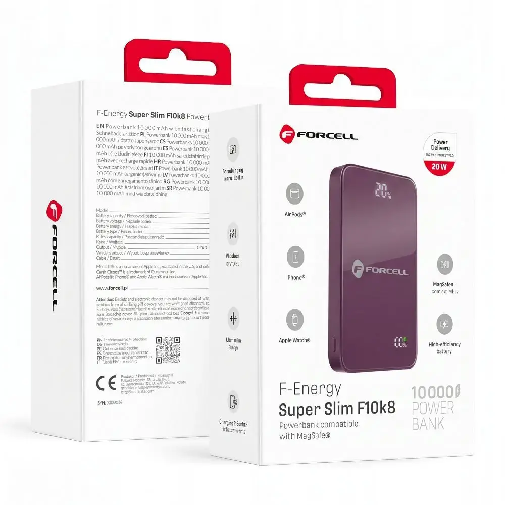 Forcell F-Energy SuperSlim F10K8 ārējais akumulators (powerbank) | 10 000 mAh | 15W | PD, QC | MagSafe | sarkans
