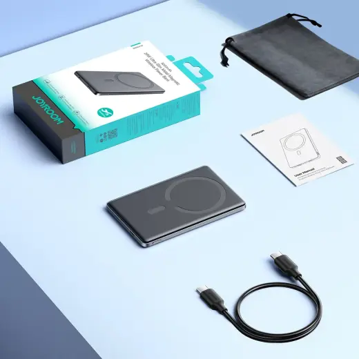 Joyroom JR-PBM08 ārējais akumulators (powerbank) | 5000 mAh | 20W | USB-C, Lightning, Bezvadu, MagSafe | pelēks