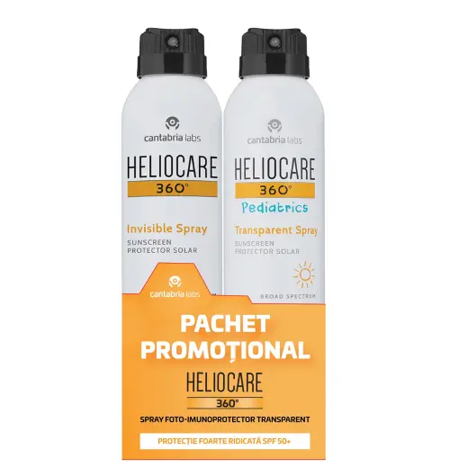 Komplekt Cantabria Labs: Heliocare 360º Pediatrics, päikesekaitse, päikesekreemsprei, SPF 50+, 200 ml + Heliocare 360º, niisutav, UV-kaitsega, päikesekreemsprei, SPF50+, 200 ml