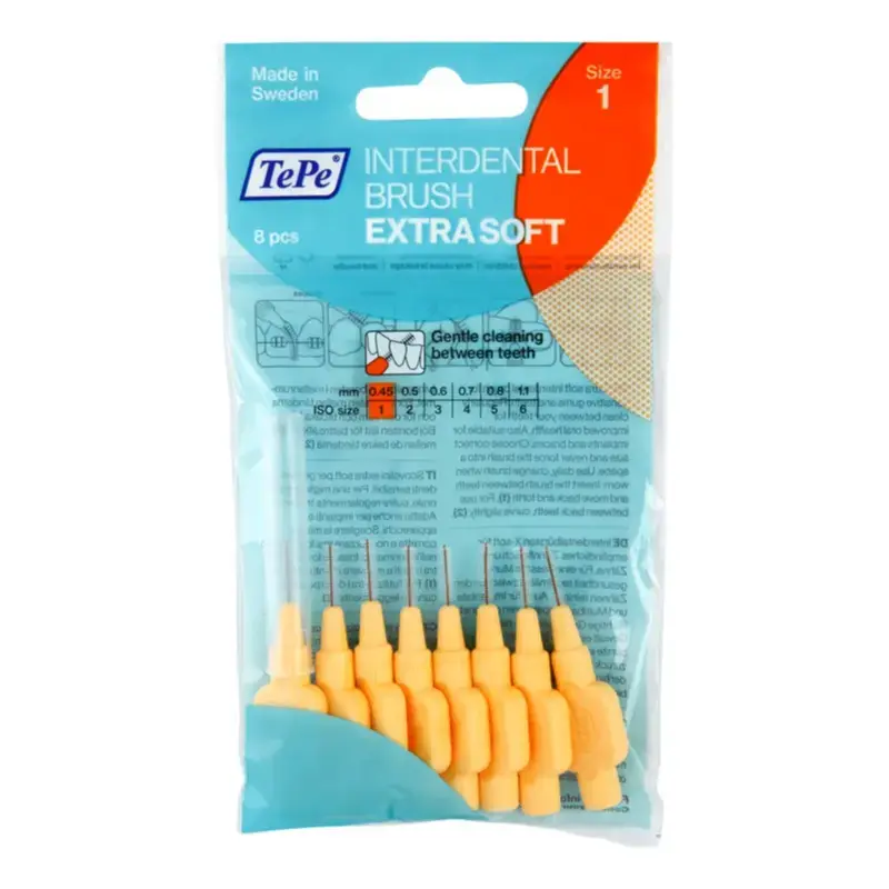 TePe Interdental Brush Extra Soft  Supersoft Dental Brush for Teeth Cleaning  Pack of 8  0.45 Mm  Extra-Small/Small Gaps  Orange  Size 1