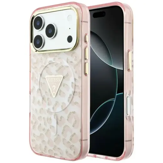 Case Guess IML Leopard Glitter Triangle  Logo MagSafe for iPhone 18 Pro Max / iPhone 17 Pro Max pink