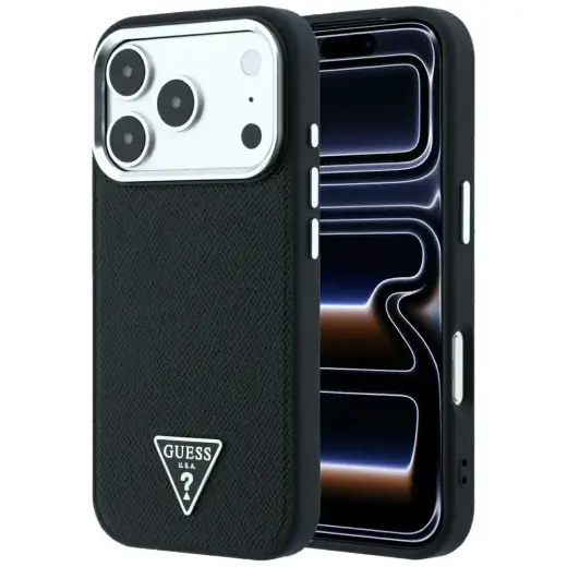 Guess Grained Triangle Logo maciņš ar MagSafe atbalstu telefonam iPhone 18 Pro Max | iPhone 17 Pro Max melns