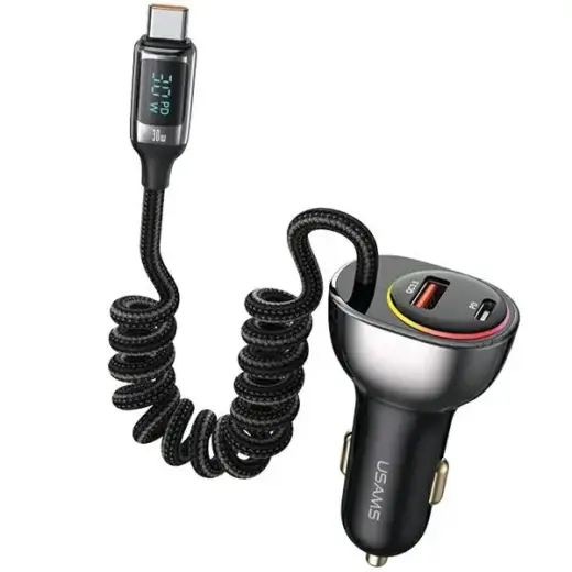 USAMS C37 CC192CC01 auto lādētājs | 60W | PD, QC | USB-A, USB-C | ar USB-C vadu komplektā | melns
