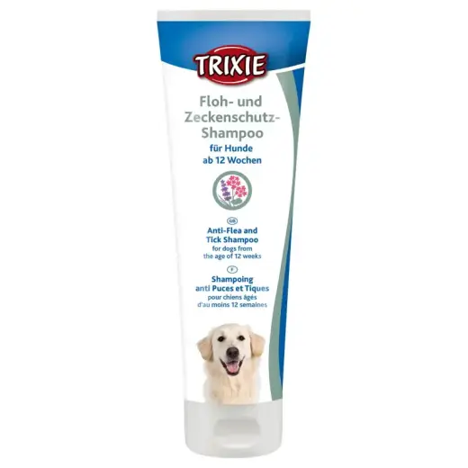 Šampūns pret parazītiem suņiem : Trixie Flea and tick shampoo, 250 ml. ar maggozas ekstraktu.