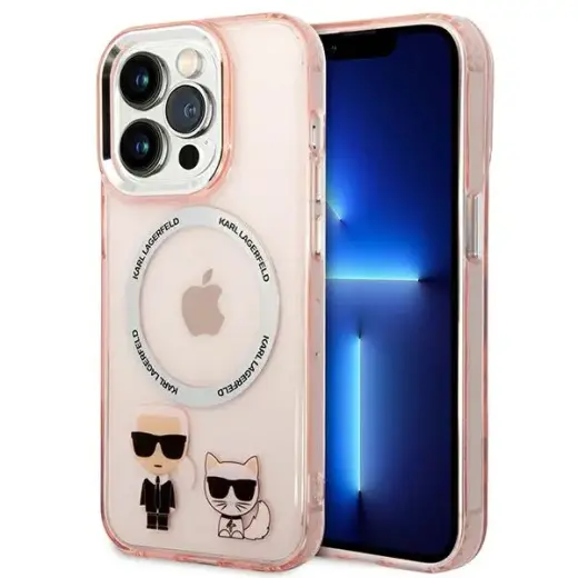 Karl Lagerfeld Karl and Choupette maciņš ar MagSafe atbalstu telefonam iPhone 14 Pro rozā (kaķis)