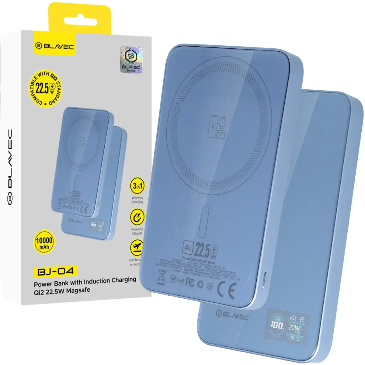 Blavec Power Bank 10000mAh BJ-04 Slim 13,5mm - Type C - 22,5W magnetic Magsafe 3 in 1 (PBBJ04-MC5LB) lightblue glass