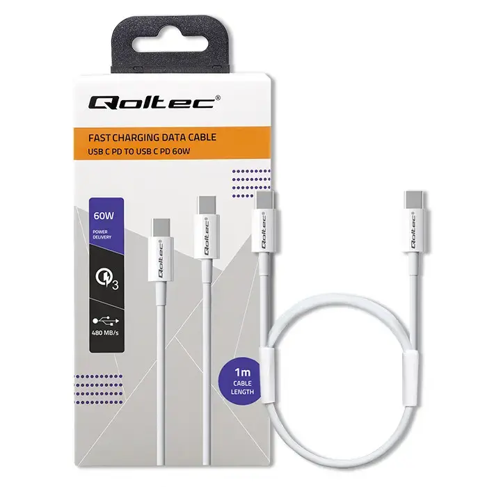 Qoltec duomenų perdavimo ir įkrovimo laidas | USB-C į USB-C | QC 3.0, PD | 60W | 1m | baltas