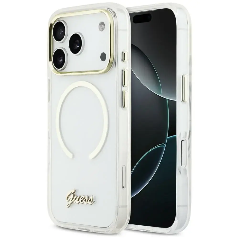 Guess IML Script Metal maciņš ar MagSafe atbalstu telefonam iPhone 17 Pro caurspīdīgs