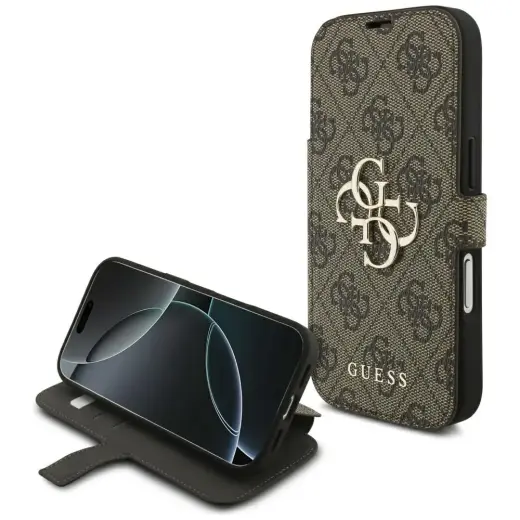 Guess Book 4G Metal Logo grāmatveida maciņš telefonam iPhone 18 Pro | iPhone 17 Pro brūns