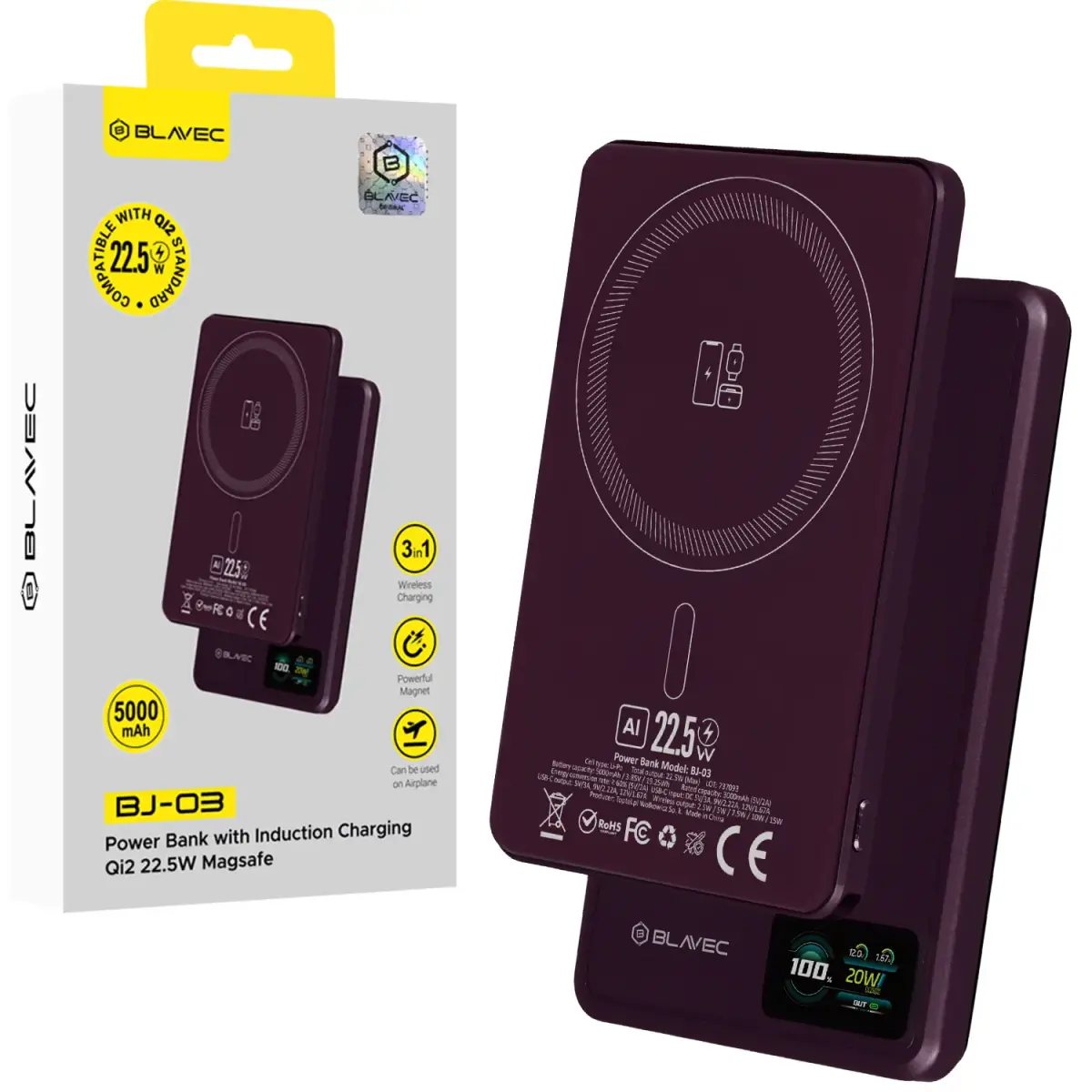 Blavec Power Bank 5000mAh BJ-03 Ultra Slim 7,8mm - Type C - 22,5W magnetic Magsafe 3 in 1 (PBBJ03-MC5O) purple aluminum