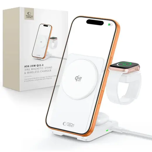 Tech-Protect A56 3-in-1 bezvadu lādētājs | Qi 2.2 | Saderīgs ar MagSafe | 25W | balts