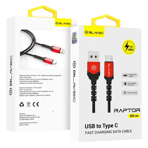 Blavec Raptor data transfer and charging cable | USB-A to USB-C | 66W | 2m | black, red