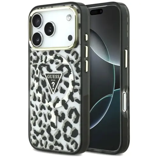 Case Guess IML Leopard Glitter Triangle  Logo MagSafe for iPhone 18 Pro / iPhone 17 Pro black