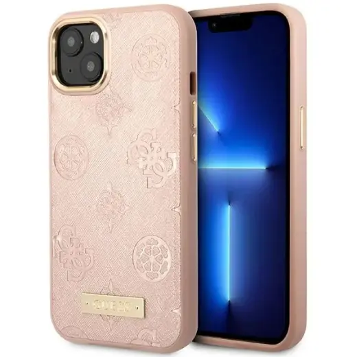 Guess GUHMP14SSAPSTP Peony Logo Plate maciņš ar MagSafe atbalstu telefonam iPhone 14 rozā