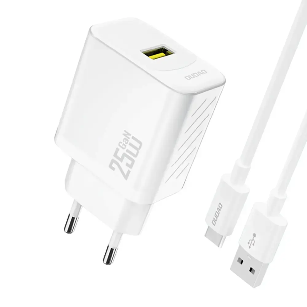 Dudao A27STEU tīkla lādētājs | 25W | GaN | USB-A | ar USB-A uz USB-C vadu komplektā | balts