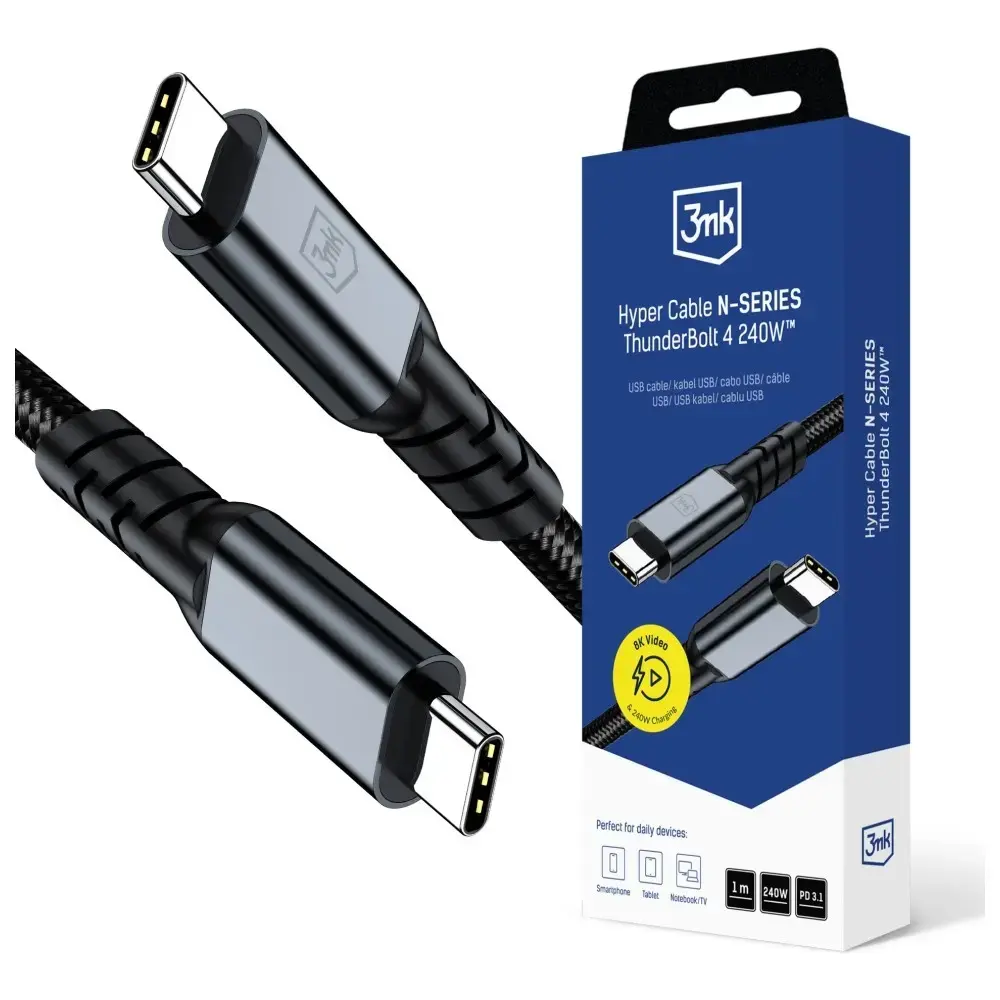3MK Hyper N-SERIES datu pārraides un uzlādes vads | USB-C uz USB-C | 240W | Thunderbolt 4 | 1m | melns