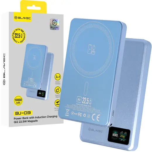 Blavec Power Bank 10000mAh BJ-03 Slim 13,5mm - Type C - 22,5W magnetic Magsafe 3 in 1 (PBBJ03-MC10LB) lightblue aluminum