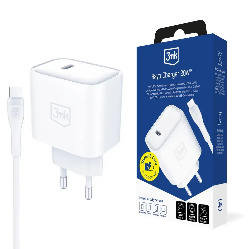 3mk Protection Rayo Charger tīkla lādētājs | 20W | PD, PPS | USB-C | ar USB-C uz USB-C vadu komplektā | balts