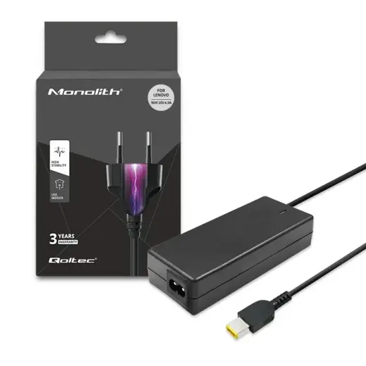 Qoltec strāvas adapteris klēpjdatoram Lenovo 90W | 20V | 4.5A | Plāns uzgalis+kontakts | +strāvas kabelis