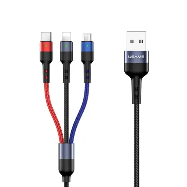 USAMS SJ410USB01 3-in-1 провод для передачи данных и зарядки | USB-A на Lightning, Micro USB, USB-C | 10W | 0.35m