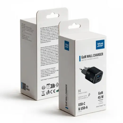 Blue Star Nano GaN VT-334 tīkla lādētājs | 45W | PD, QC, GaN | USB-C, USB-A | melns