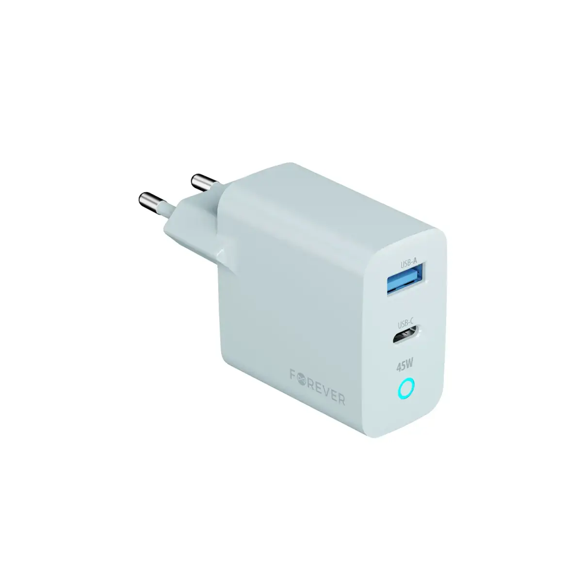 Forever Vibe-TC45AC tīkla lādētājs | 45W | GaN, PD, QC | USB-C, USB-A | sudraba krāsā