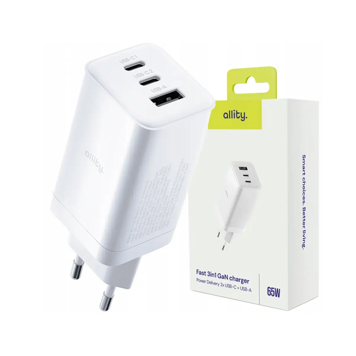 Allity wall charger GaN PD QC ATC-01-65WACC 2x USB-C 1x USB-A 65W white