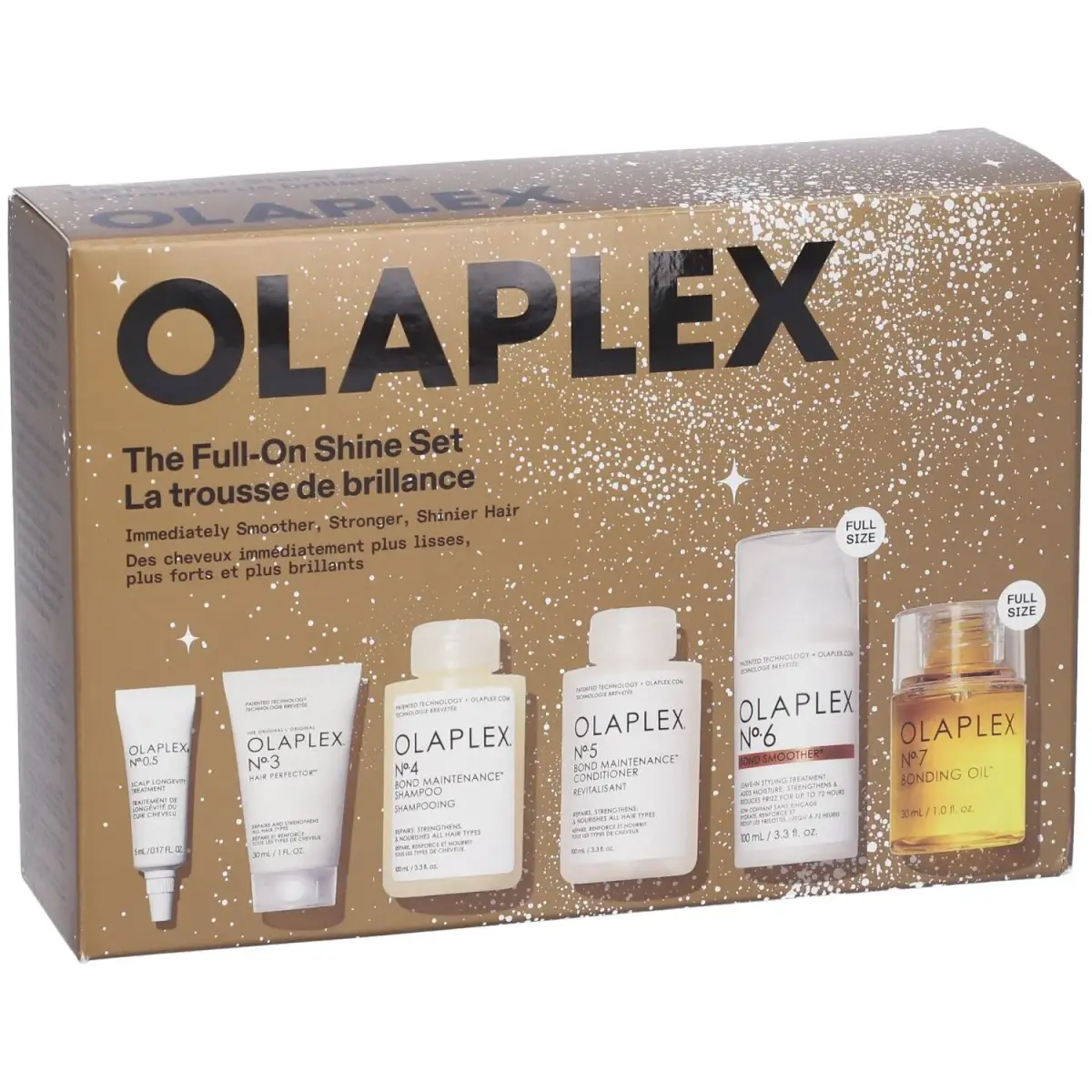 The Full-On Shine Set Olaplex: No.6 Bond Smoother, Hair Styling Cream, 100 ml + No.3 Hair Perfector, Hair Cream Treatment, For Revitalisation, 30 ml + No.4 Bond Maintenance, Hair Shampoo, Repairing & Strengthening, 30 ml + No. 0.5 Scalp Longevity Treatment, Scalp Lotion Treatment, For Hydration, 5 ml + No.5 Bond Maintenance , Hair Conditioner, Hydrating & Strengthening, 100 ml + No.7 Bonding, Hair Oil Conditioner, Repairing & Strengthening, 30 ml