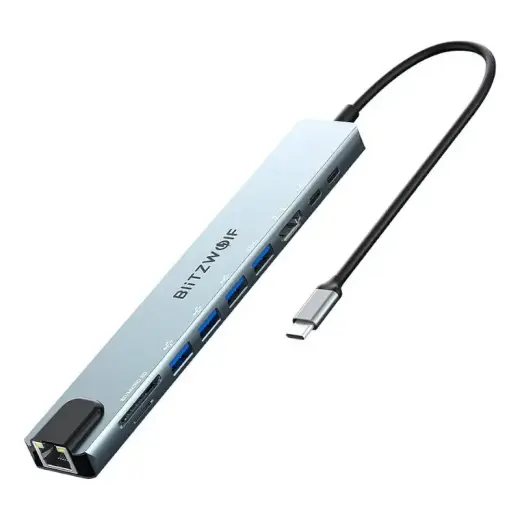 BlitzWolf BW-TH5 10-in-1 dokkimisjaam | USB-C kuni USB 3.0, USB 2.0, HDMI, SD, microSD, USB-C, RJ45 | 100W | hõbedane
